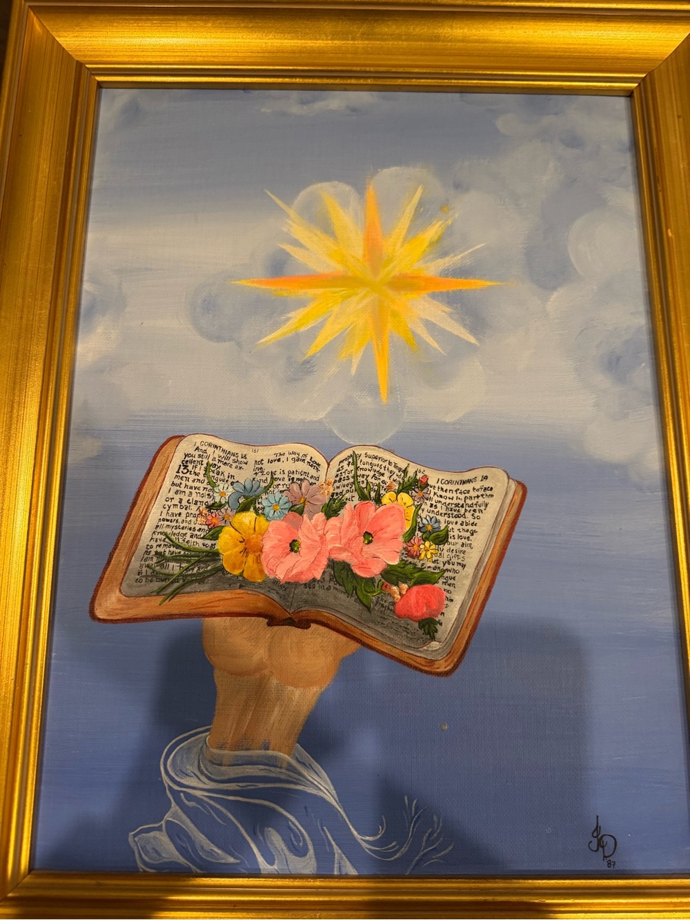 Vintage 1987 Signed Christian Religious Folk Art Painting - Bible & Flowers